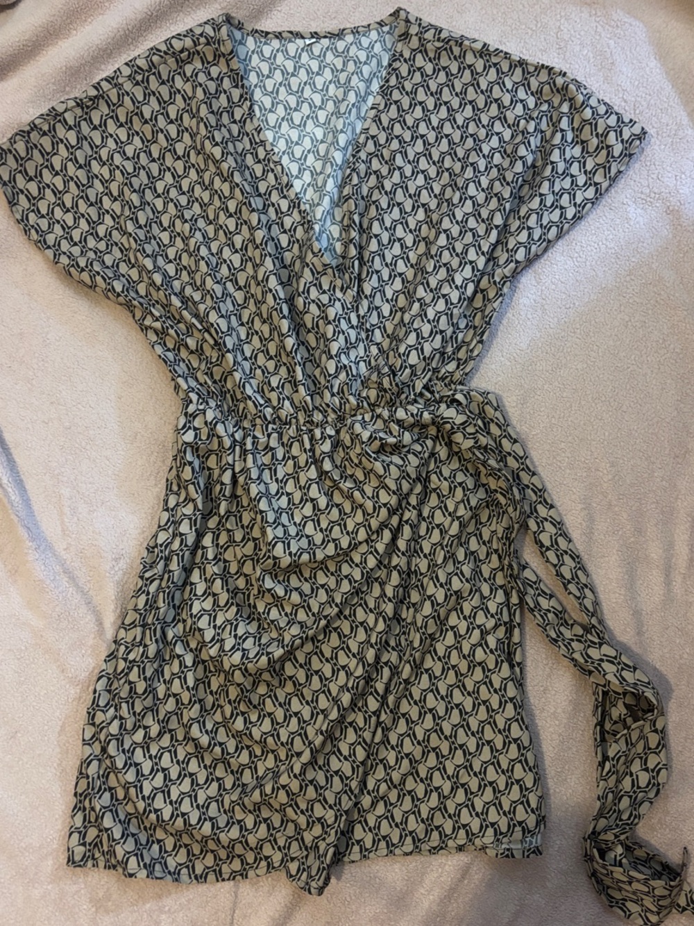 Printed Wrap Dress in Beige and Black